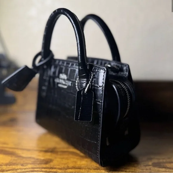 Coach Black Croc Embossed Leather Handbag - Picture 3 of 5